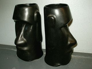 2 Vintage Matte Black Moai Tiki Mugs Pottery Easter Island Statues - Polynesian