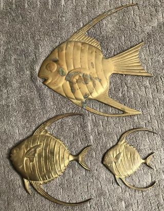 Vintage Solid Brass 3 Fish Wall Hanging Set Art Decor Nautical