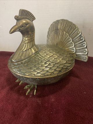 Fritz Brass Turkey Vintage Covered Bowl Lid Tureen Heavy Bird Peacock