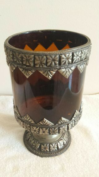 Vintage Moroccan Style Caged Glass Metal Footed Hurricane Candle Holder Votive