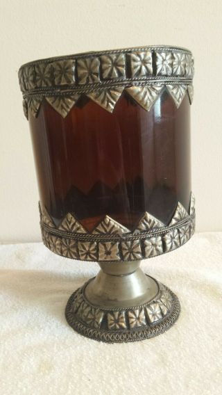 Vintage Moroccan Style Caged Glass Metal Footed Hurricane Candle Holder Votive 2