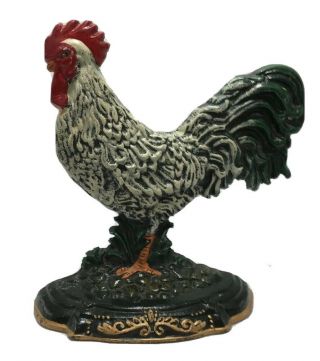 Cast Iron Vintage Rooster Chicken Heavy Doorstop White Rooster 11 Inch Tall Hg