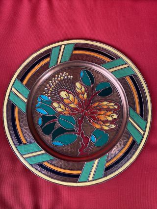 Albert Gilles Arts Crafts Enamel On Copper Art Deco Floral Charger Art 11” Plate