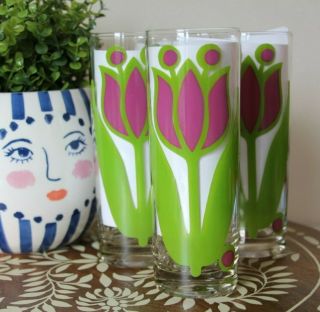 Vintage Set 4 Colony Retro Mcm Pink Green Tulip Floral Drink Glass Cups