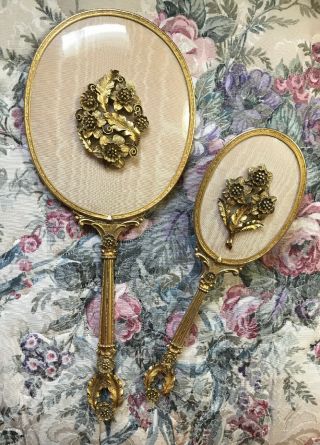 Vintage Hollywood Regency Dogwood Gold Gilt Matson Hand Brush & Hand Mirror Set