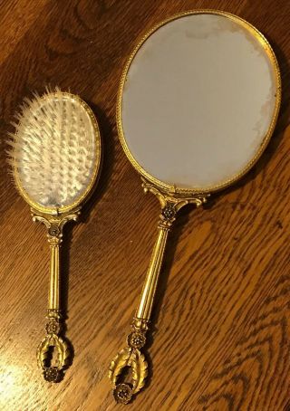 Vintage Hollywood Regency DOGWOOD Gold Gilt MATSON Hand Brush & Hand Mirror Set 3