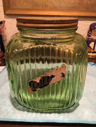 Vintage Green Depression Glass Ribbed Glass Coffee Jar Or Canister W/metal Lid