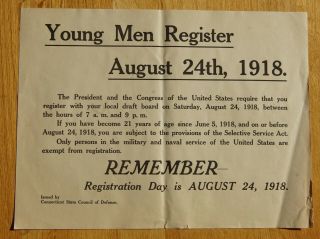 World War 1 1918 Young Men Notice To Register Poster