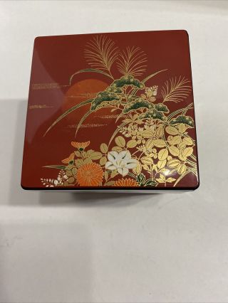 Japanese Black Lacquer Sunset Floral 3 Tiers Stacking Bento Box Japan
