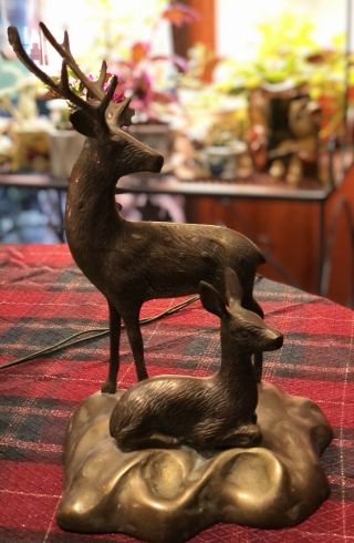 Large Vintage Brass Mid Century Stag Buck Deer With Fawn Figurine,  Statue