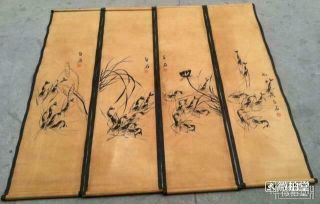 4pc Collects Old Chinese Painting Scroll Qi Baishi Shrimps 齐白石 虾