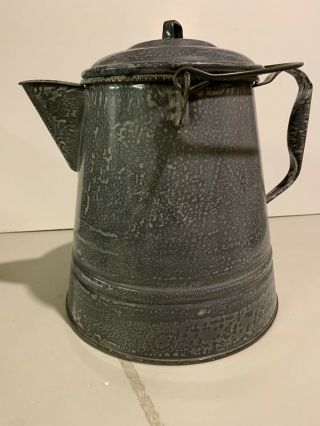 Large Vintage Mottled Gray Enamel Ware Graniteware Cowboy Coffee Pot Kettle Euc