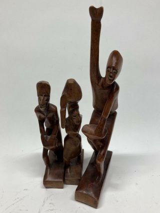 Set Of 3 African Hand Carved Wooden Statue Figures Sculptures Tribal