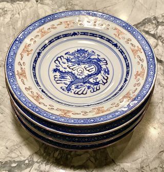 Set Of - 4 - Chinese Porcelain Plates Rice Grain Eye Blue White Dragon Gilt Gold