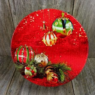 Vintage Christmas Cookie Tin Satin Beaded Ornaments Round Metal Trinket Box