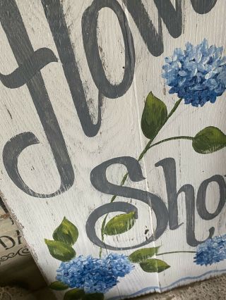 Vintage Wood Sign Wooden Advertising Flower Shop COTTAGE Blue Floral Hydrangeas 2