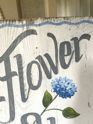 Vintage Wood Sign Wooden Advertising Flower Shop COTTAGE Blue Floral Hydrangeas 3