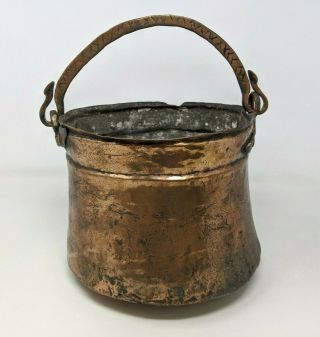 Vtg Hammered Copper Brass Bucket Cauldron Pot Pail Patina Rustic Handle Br20