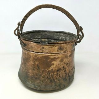 VTG Hammered Copper Brass Bucket Cauldron Pot Pail Patina Rustic Handle BR20 3
