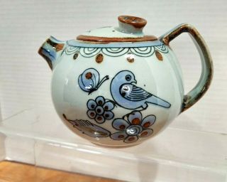 Ken Edwards Tonala Pottery El Palomar Mexico Blue Bird & Butterfly Tea Pot Décor