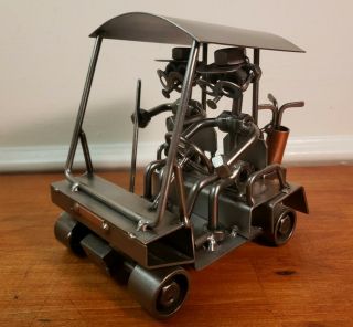 Vtg Hinz & Kunst Nuts & Bolts Golf Cart W/golfers Metal Art Sculpture Steampunk