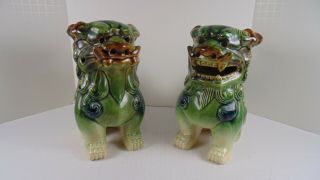 Pair Vintage Chinese Asian Ceramic Foo Dogs Fu Lions 7”