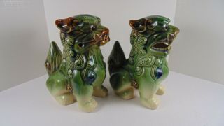 Pair Vintage Chinese Asian Ceramic Foo Dogs Fu Lions 7” 2