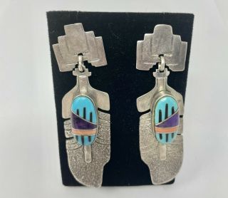 Vtg Native American Sterling Silver Multi Stone Inlay Feather Earrings (36.  2g)