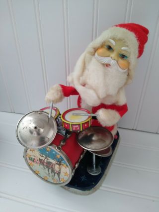 Vintage Alps Happy Santa Claus Drummer Christmas Toy Animated Metal Holiday