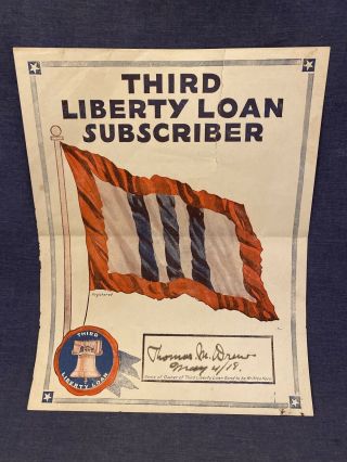 1918 Wwi Third Liberty Loan Subscriber Poster Sign World War 1