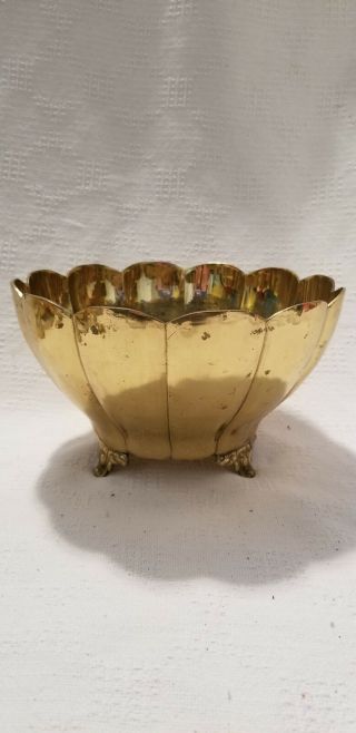Vintage Solid Brass Heavy Footed Bowl With Scalloped Edges Very Pretty 8.  5 "