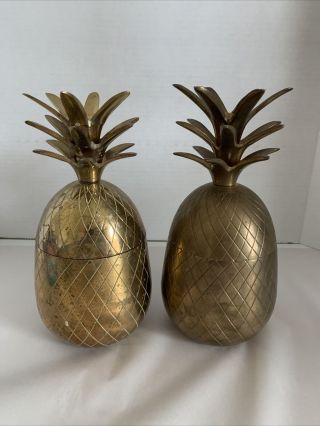Vtg Set Of 2 Solid Brass Pineapple Lidded Trinket Holders Hollywood Regency 9”