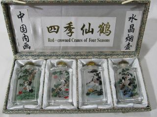 Vintage Set Of 4 Chinese Red - Crowned Crane Snuff Crystal Bottle Four Season Case