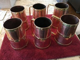 Vintage Six Copper Tankards/mugs With Brass Trim
