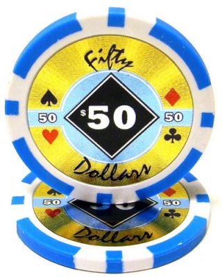 100 Light Blue $50 Black Diamond 14g Clay Poker Chips