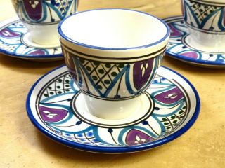 3 Le Souk Ceramique Hand Painted Pottery Cups & Saucers Dishes In Tunisia Blue