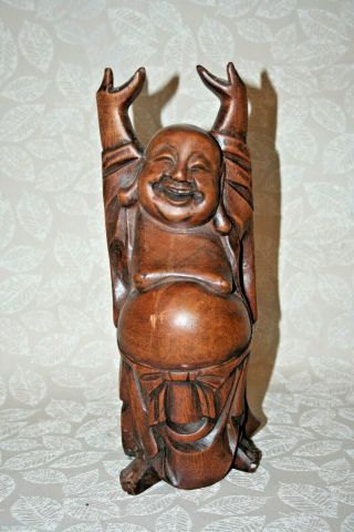 Vintage Chinese Style 12 " Hand Carved Wooden Laughing Buddha Figure Raised Arms