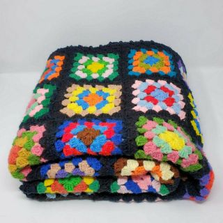 Vintage Homemade Granny Square Blanket Throw 65 " X 60 " Black Crochet