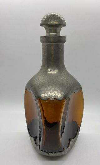 Vintage Kmd Royal Holland Daalderop Amber Glass Pewter Decanter Bottle W/stopper