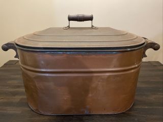Vintage 1940s Copper Plated Boiler Wash Tub With Lid Rome Ny 23” X 12.  5” X 12.  5”