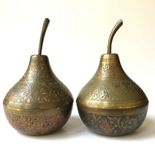 2 Vintage Brass Pears Fruit Etched Engraved Tooled India Metal Decor Boho Pair