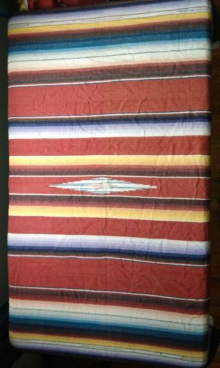 82 X 47 " Authentic Mexican Woven Blanket W/ Fringed Ends Falsa Serape? Bed Cover