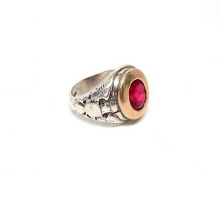 Vintage Wwii Us Military Sterling Silver & 14k Gold Red Gemstone Ring - Size 11