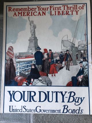 Vintage 1917 World War 1 Goverment Bond Poster “remember Your First Thrill.  ”