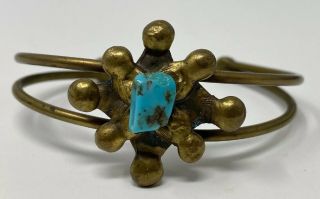 Vintage Mid Century Modern Brutalist Brass Turquoise Cuff Bracelet