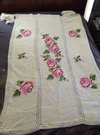 Vintage Handmade Crochet Afghan Blanket Throw Cross Stitch Floral Rose 68” X 40”