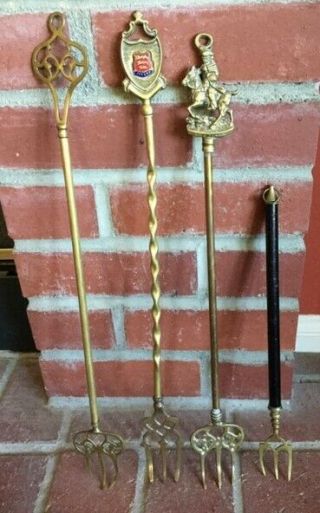 Three Vintage English Brass And One Smaller,  Black Toasting Forks 25