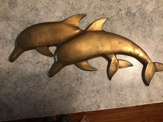 Vintage Brass Double Dolphin Wall Hanging Art Plaque