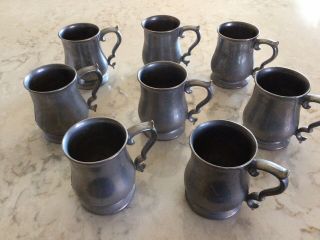 Crown Castle Vintage Pewter Mug Set Of 8 Queen Anne Style 4 1/2 " Tall