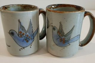 El Palomar Mexico Tonala Pottery Coffee Mug Cup Blue Bird Floral - Set Of 2
